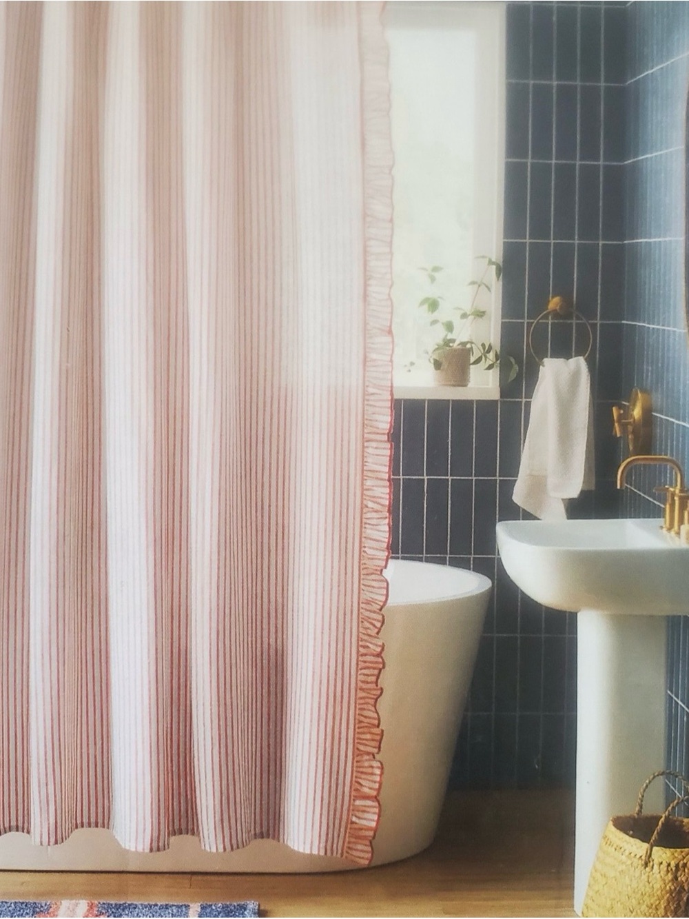 Threshold Red & White Ruffle Stripe Shower Curtain Button Hole Top BRAND NEW